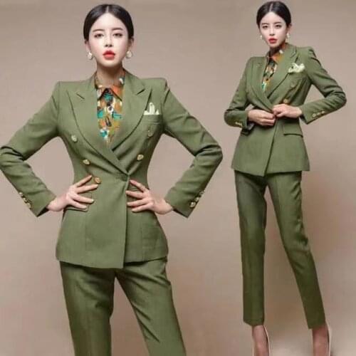 2 Pieces Fashion Runway Fashion Green Women Blazer Set Double-breasted Slim Jacket +pencil Pant Female Suit Ladies Work Suit