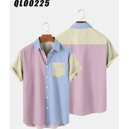 Mens Casual Hawaiian Short Sleeve Shirt Pink And Blue Patchwork Blouse Vintage Loose Print Shirt Streetwear