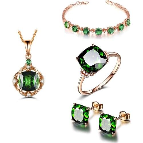LOYE 2021 New Emerald CZ Jewelry Set Green Square Four Claw Ear Stud Necklace Finger Ring Bracelets for Women Wedding Jewelry