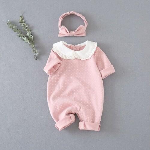 Infant Girl Clothes baby Romper Autumn Long Sleeve Pink Dot Printed Cute Newborn Baby Jumpsuit+hair Band 2 PCS Winter Set 0-18M