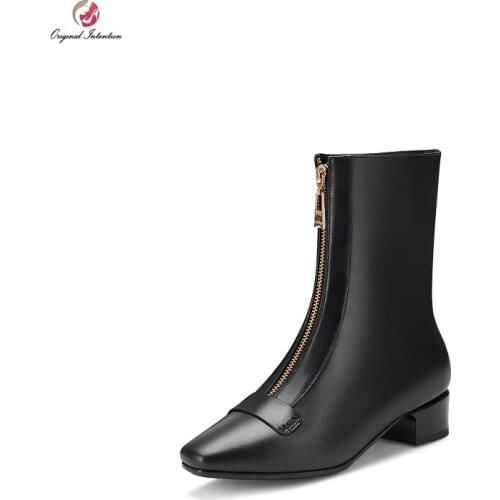 Original Intention Popular Woman Square Low Heels Zipper Ankle Black White Boots Square Toe Real Leather Shoes Woman Size 3-13