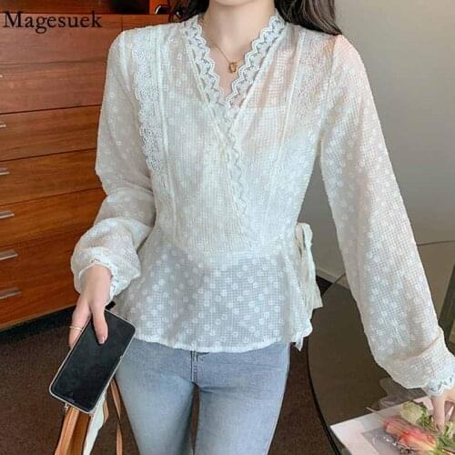 Autumn Hollow Crochet Cross Lace Blouse V Neck Polka Dot Elegant Blouse Women Long Sleeve Gentle Slim Shirt Blusas Mujer 16996