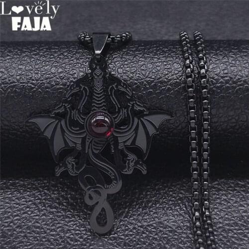 Witchcraft Three Headed Dragon Red Glass Stainless Steel Necklaces Black Color Chain Necklaces Jewelry collier dragon N2258S03