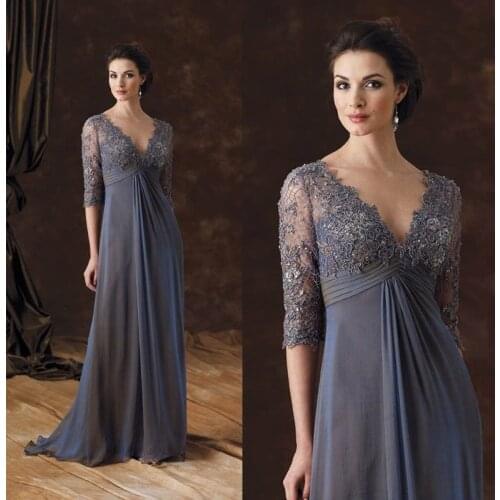 Gray Mother Of The Bride Dresses 2021 New Elegant Lace Applique Beading Long Plus Size V-Neck Wedding Party Mother Evening Dress