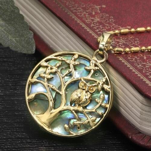 Gold Color Abalone Shell Tree Of Life Yoga Owl Pattern Pendant Dragon Necklace Charms For Jewelry Making