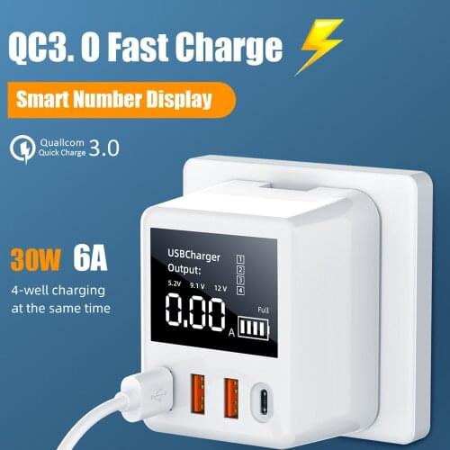30W QC3.0 Fast Charging USB Charger 4 Ports LED Display Portable Phone Charger for iphone Samsung Xiaomi Huawei LG ZTE Sony MP4