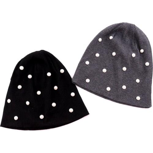 Casual Pearl Cotton Skullies Beanies For Women Soft Black Striped Knit Bonnets For ladies Girls Spring Slouchy Hats Wholesale