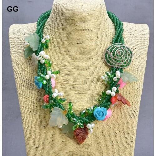 GuaiGuai Jewelry 21" 5 Strands Green Jade Agate Flower Turquoise Crystal Pearl CZ Necklace