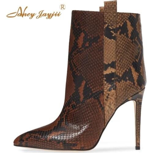 Brown Gray Snakeskin Stilettos Ankle Winter Boots Woman Super High Thin Heels Zipper Small Size 32 36 Ladies Warm Shoes Booties