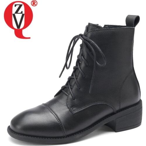 ZVQ Women winter Leisure short boots Retro Genuine Leather Concise Round Toe Solid color Square Heel Fashion New Style