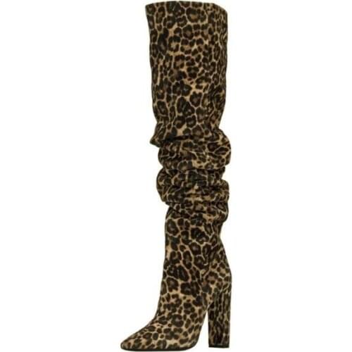 New Woman Leopard Black Gold Python Pleated Thigh Boots 9 cm Square Heels Pointed Toe Slip On Tube Over The Knee Boots Shoes