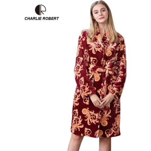 CR Printing Womens Robe New Fashion Warm Comfortable Long-sleeved Flannel Coral Fleece Bathrobe Winter Style AP444