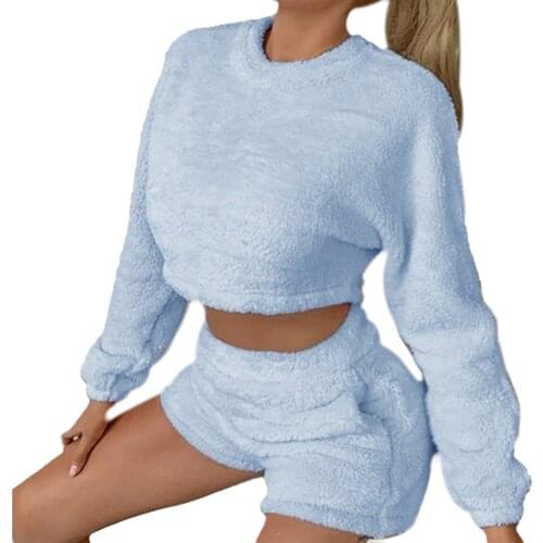 2pcs Women Casual Fashion Solid Color Warm Thicken Plush O-neck Long Sleeve Sweater Shorts Tracksuit Set