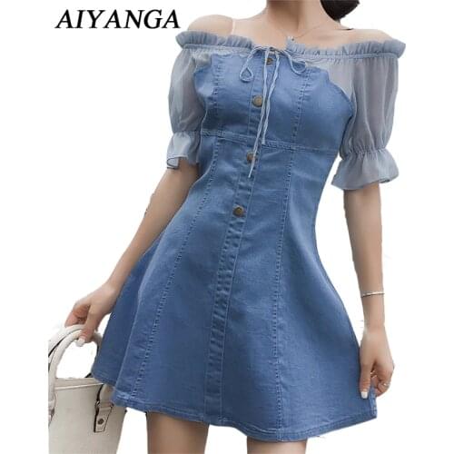 New Summer Women Sexy Denim Dress 2018 Patchwork Chiffon Slash Neck Off Shoulder Dresses Slim High Waist A-line Dress Jeans