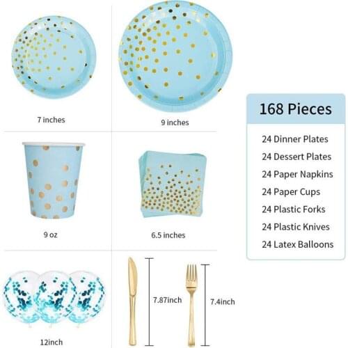 168 Pcs Party Decorations Golden Dot Blue Disposable Tableware Sets Wedding Plate Cup Napkin for Birthday Party Supplies Wedding