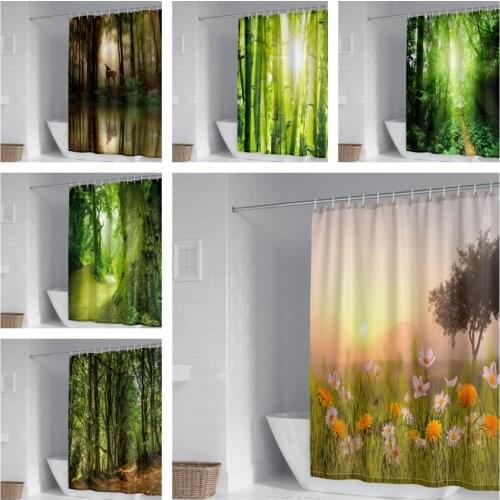 3D Forest Natural Lifelike Pattern Shower Curtain Waterproof Fabric Machine Washable with Hook Accessories Bathroom Curtain