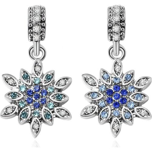 5PCS Fine Silver Color Vintage Clear Blue Crystal Snowflake Beads Charm Fit DIY Christmas Charms Snake Chain Bracelets & Bangle