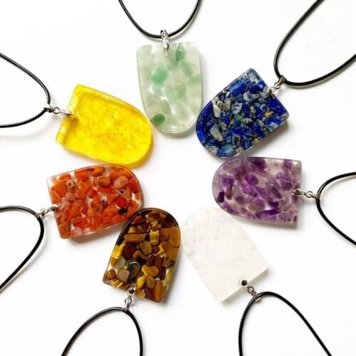 7 Chakra Stone Orgonite Energy Pendant Necklace Resin Jewelry Geometric Healing Crystal Beads Chips Necklace Wax Rope Chain 1pc