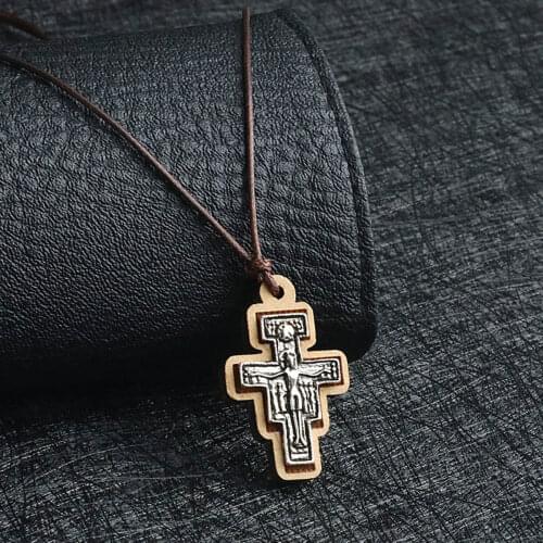 Religious Saint St Crucifix Pendant Necklaces Orthodox Wood Cross Necklace Adjustable Leather Rope Chains for Men Women Jewelry
