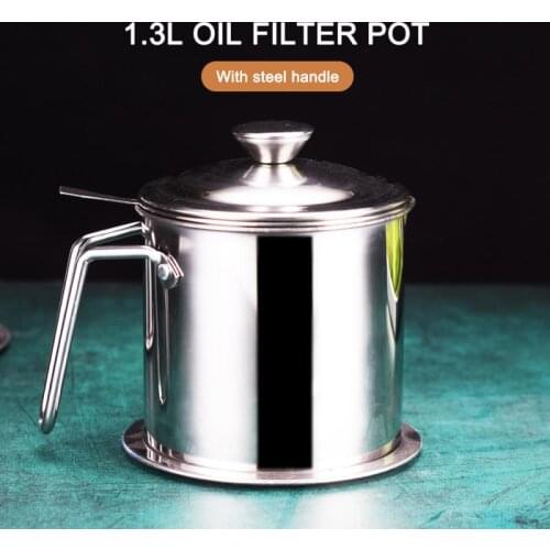 1.3L Stainless Steel Oil Filter Pot Large Capacity Filter Oil Separator Storage Tank Kitchen Tool Oil Bottle With Dust-Proof Lid