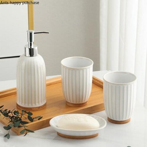 Ceramic Wash Set Bathroom 4-piece Set Wooden Pallets Lotion Bottle Mouth Cup Soap Dish Bathroom Accessories Sets Home Toiletries