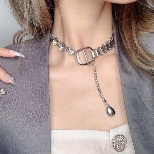 Trendy Geometric Crystal Choker Necklaces for Women Silver Color Splicing Chain Button Long Pendant Necklace Fashion New Jewelry