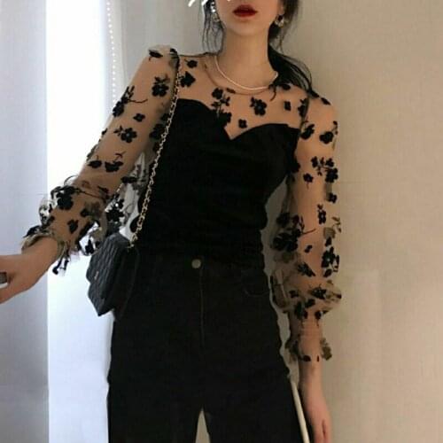 Fashion 2021 Floral Embroidery Shirts Women Spring Autumn Long Sleeve Mesh Patchwork Sexy Blouses Elegant Ladies Tees Blusas XL
