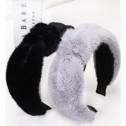 Soft Rabbit Fur Knotted Headband For Grils Fuzzy Hairbands Women Fluffy Knot Hair Hoops White Thick Hair Band Furry Accessory