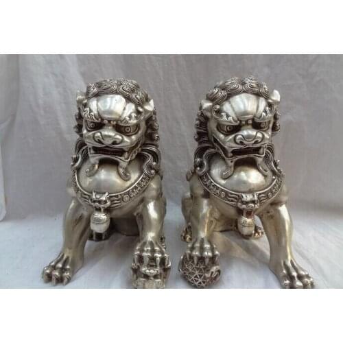 Stick 9" Chinese Silver Animals Decoration Brass Foo Fu Dog Brass Door Lion Ball Statue Pair