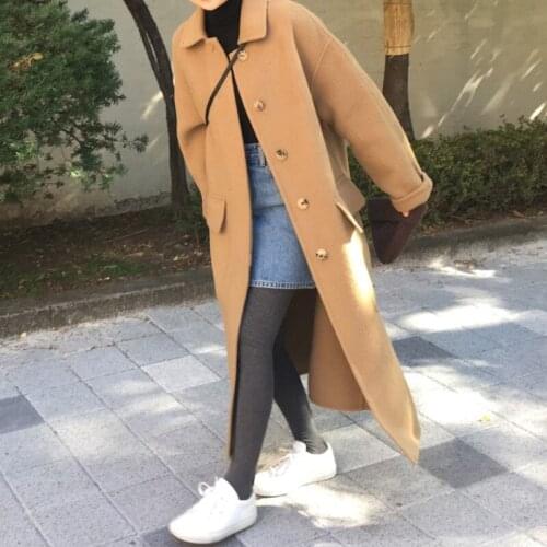 Women Coats French Casual Warm Solid Female Winter Single Breasted Retro Oversize Loose Woolen Chic Long Coat