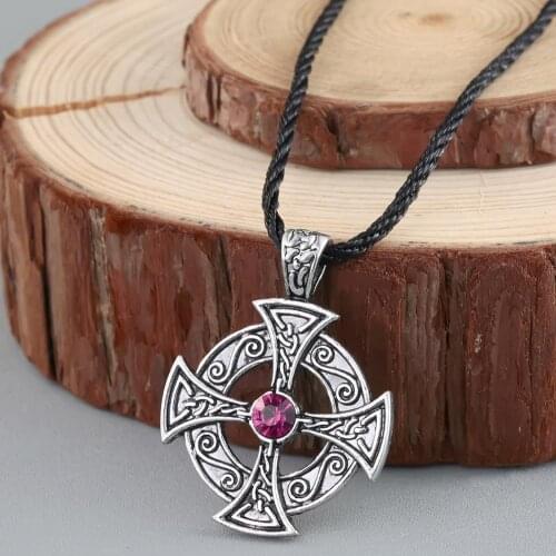 QIAMNI Slavic Viking Cross Amulet Pendant Necklace Crystal Love Knot Symbol Egyptian Odin Rope Chain Necklace Talisman Jewelry