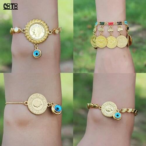 Adjustable Blue Evil Eye Bracelet Muslim Oman Coin Gold Jewelry Luxury Charm Bracelet for Woman Accessories Gift Wholesale