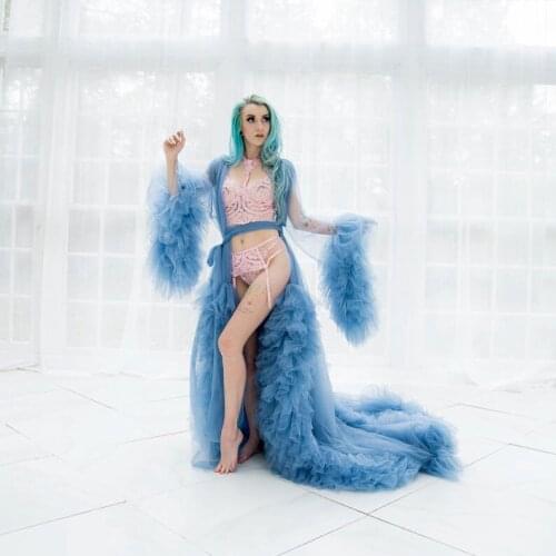 Sexy Blue Tulle Robes Long Sleeves Extra Puffy With Long Train Women Photo Shoot Tulle Dressing Gowns Plus Size