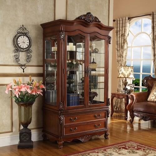 American country glass double door wine cabinet solid wood decorative cabinet living room display cabinet furniture