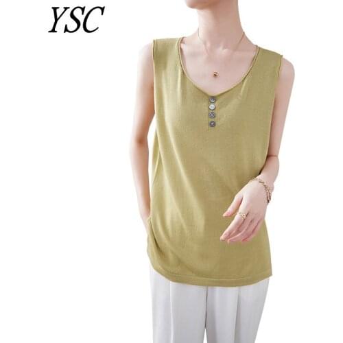 YSC 2021 New pattern Women Lyocell Tencel fabric Sweater Button decoration Sleeveless Fine yarn soft High-quality pullover