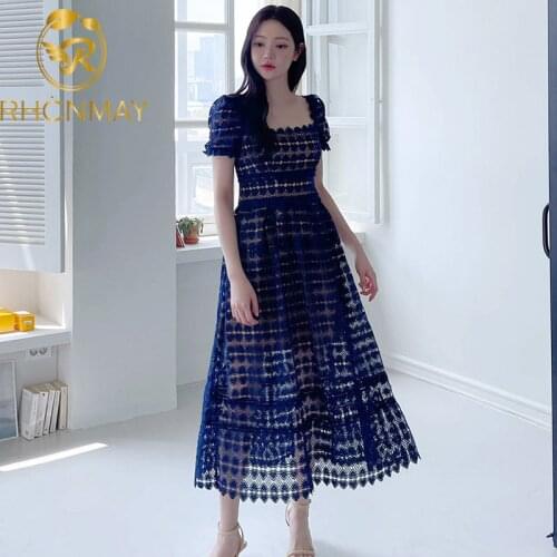 Women Summer Square Collar Leaky Back Slim Long Dress 2021 Newest Ladies Puff Short Sleeve Lace Hollow Out Ruway Dresses