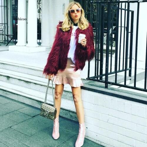 Women Furry Faux Fur Coat Fluffy Warm Long Sleeve Female Outerwear Autumn Winter Coat Jacket Hairy Collarless Overcoat