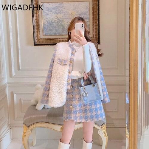 WIGADFHK 2021 Warm High-quality woolen Coat female Winter New splicing houndstooth woolen Coat + thick short skirt Suit Female