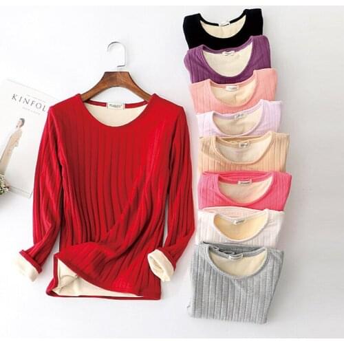 Winter New Super Soft Warm Plush T-Shirt Womens O-Neck Long Sleeve Bottoming Shirt Pit Stripe Solid Color Thickened Warm Top