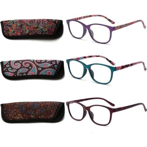 RBENN 3 Pack Ladies Reading Glasses with Bags Spring Hinges Pattern Stylish Reader for Women Men Reading Eyewear
