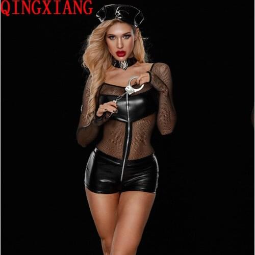 4 Pieces 2021 Police Women Faux Leather Fit Net Long Sleeves Lingerie Sexy Costume Adult America Policewomen Bodysuit Hat Set