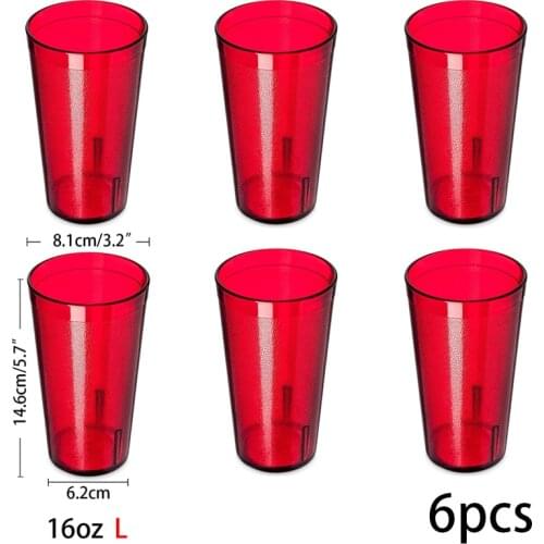 6pcs 16OZ Plastic Restaurant Tumbler Break Resistant Drinking Glasses Beverage Cups Red Transparency Resistant Drink Cups Cafe