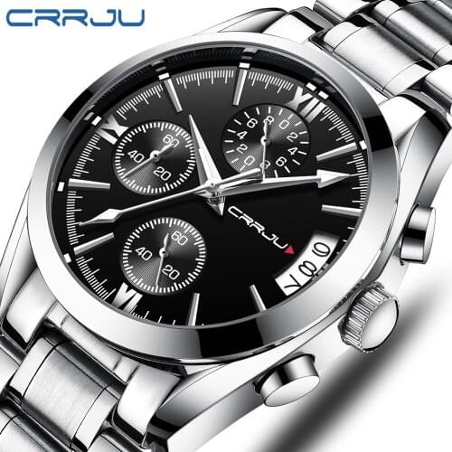Relogio Masculino Mens Watches CRRJU Top Brand Luxury Fashion Business Quartz Watch Men Sports Full Steel Waterproof Black Clock