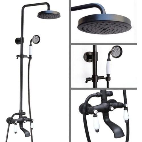 Oil Rubbed Brass 2 Ceramics Handles Bathroom Rainfall Shower Faucet Set + 7.7" Round Rain Shower Head + Handheld Shower ahg148