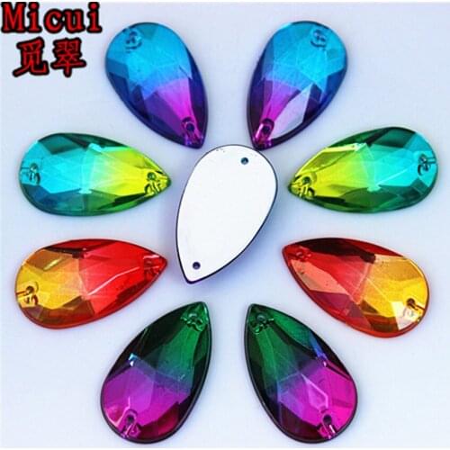 Micui 30pc 16*28mm Double Color Acrylic Rhinestone Crystal Drop Shape Sew On Rsilver Base Flatback Rhinestone With 2 Holes ZZ27