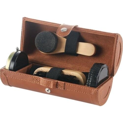 6PC Shoe Polish Care Kit Shoe Shine Kit with Wax Shoe Brushes Shine Cloth & Shoe Horn Compact Shoe Cleaning Kit