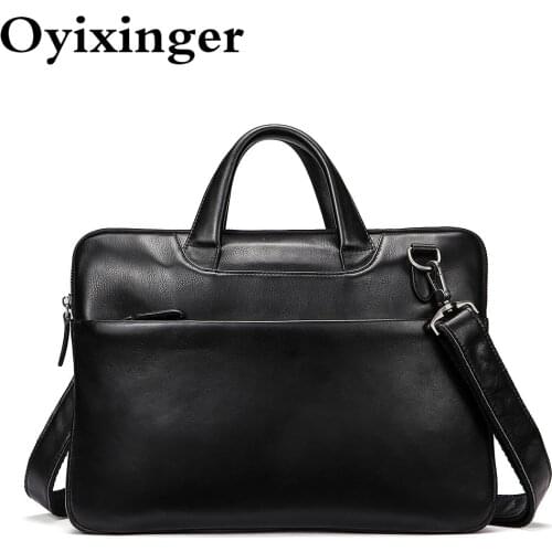 OYIXINGER Men Leather Laptop Briefcase Male Business Bag Genuine Leather Laptop Bag For 13.3" Macbook Dell Luxury Male Handbags