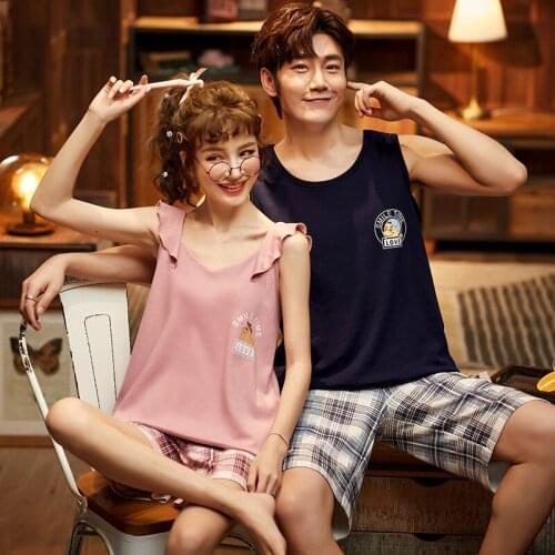 Couple Cartoon Pajamas Set Summer Men And Women Sleeveless Pyjamas Vest Lovers Sleepwear Plus Size 3XL Nightwear Home Clothing