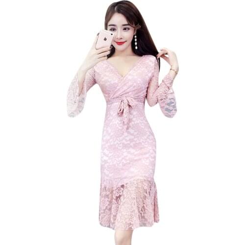 Sexy V-neck Bag Hip Lace Dress New Fashion Summer Women Clothing Elegant Plus size Slim Three-quarter sleeve vestido Mujer OK71