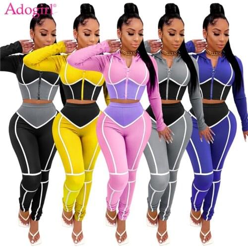 Adogirl Color Patchwork White Trim Tracksuit Women Jogging Suit 2 Piece Set Long Sleeve Zipper Hoodies Crop Top Pencil Pants